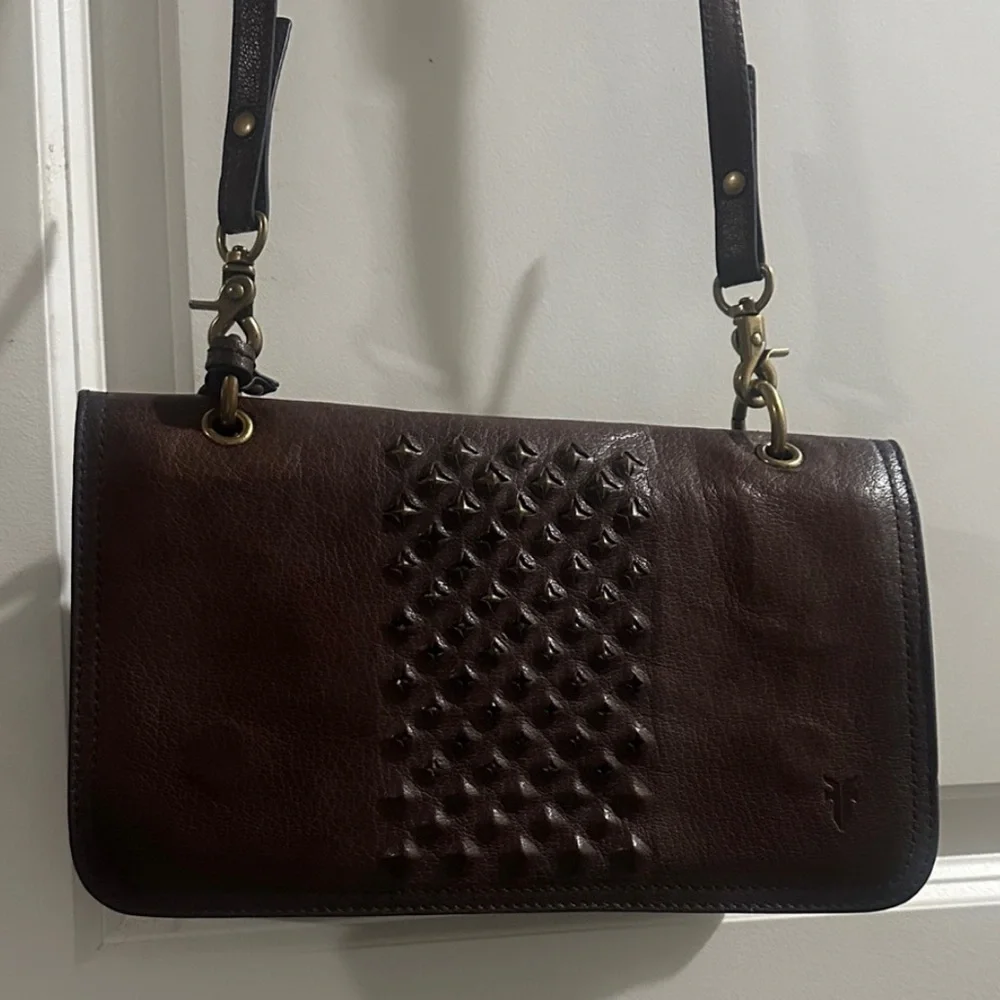 Frye Brown Leather Studded Crossbody Bag Boho Western Distressed Purse